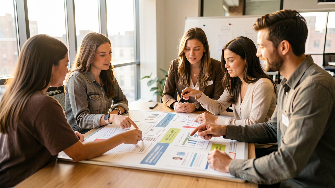 Groupe de salariés d’une startup en réunion RH dans un bureau moderne, échangeant autour d’un tableau de recrutement.