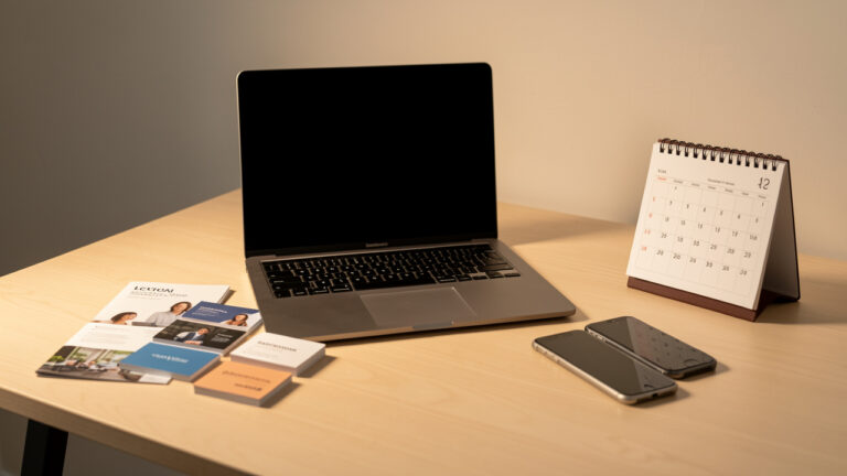 Bureau moderne d’une petite entreprise avec ordinateur portable ouvert, cartes locales et accessoires marketing, éclairage professionnel et ambiance soignée.