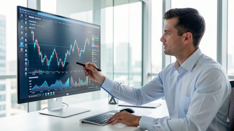 Un dirigeant analyse des graphiques financiers lumineux sur un écran dans un bureau moderne et lumineux.