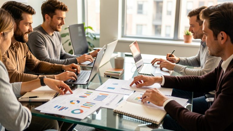 Une équipe fondatrice en réunion dans un bureau moderne, autour d’une table en verre, consultant des documents stratégiques et des ordinateurs, dans une ambiance startup ambitieuse.