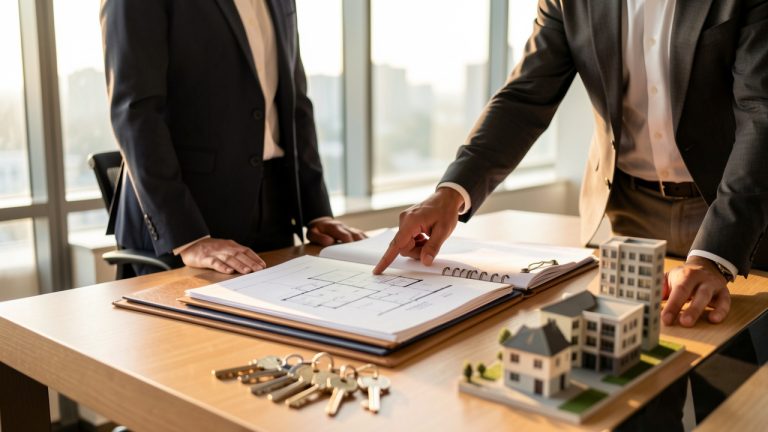 Investisseur et conseiller immobilier debout devant un bureau moderne, consultant des dossiers et plans d’architecture avec des modèles de bâtiments, ambiance professionnelle et lumière naturelle.