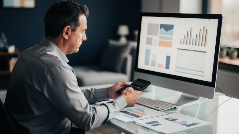 Un homme en tenue professionnelle analyse des documents de produits structurés affichés sur un écran, ambiance financière sobre et lumière douce, au bureau.