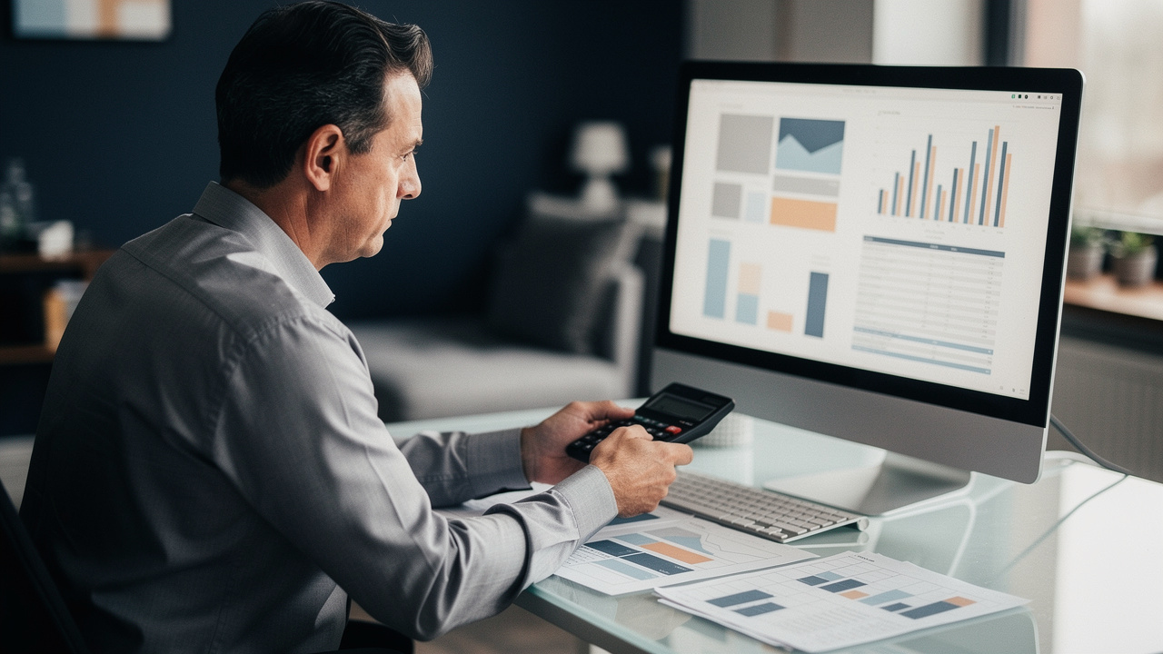 Un homme en tenue professionnelle analyse des documents de produits structurés affichés sur un écran, ambiance financière sobre et lumière douce, au bureau.
