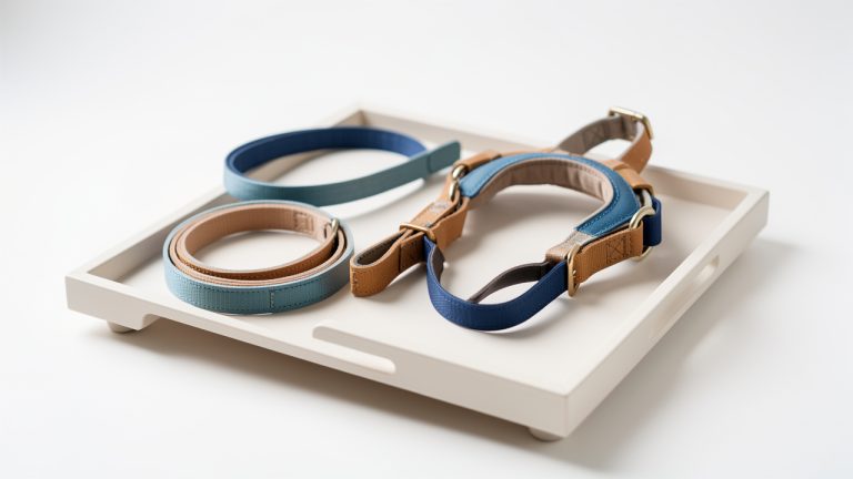 Sélection élégante d’accessoires pour chien assortis, disposés avec soin dans un studio lumineux au style e-commerce premium.