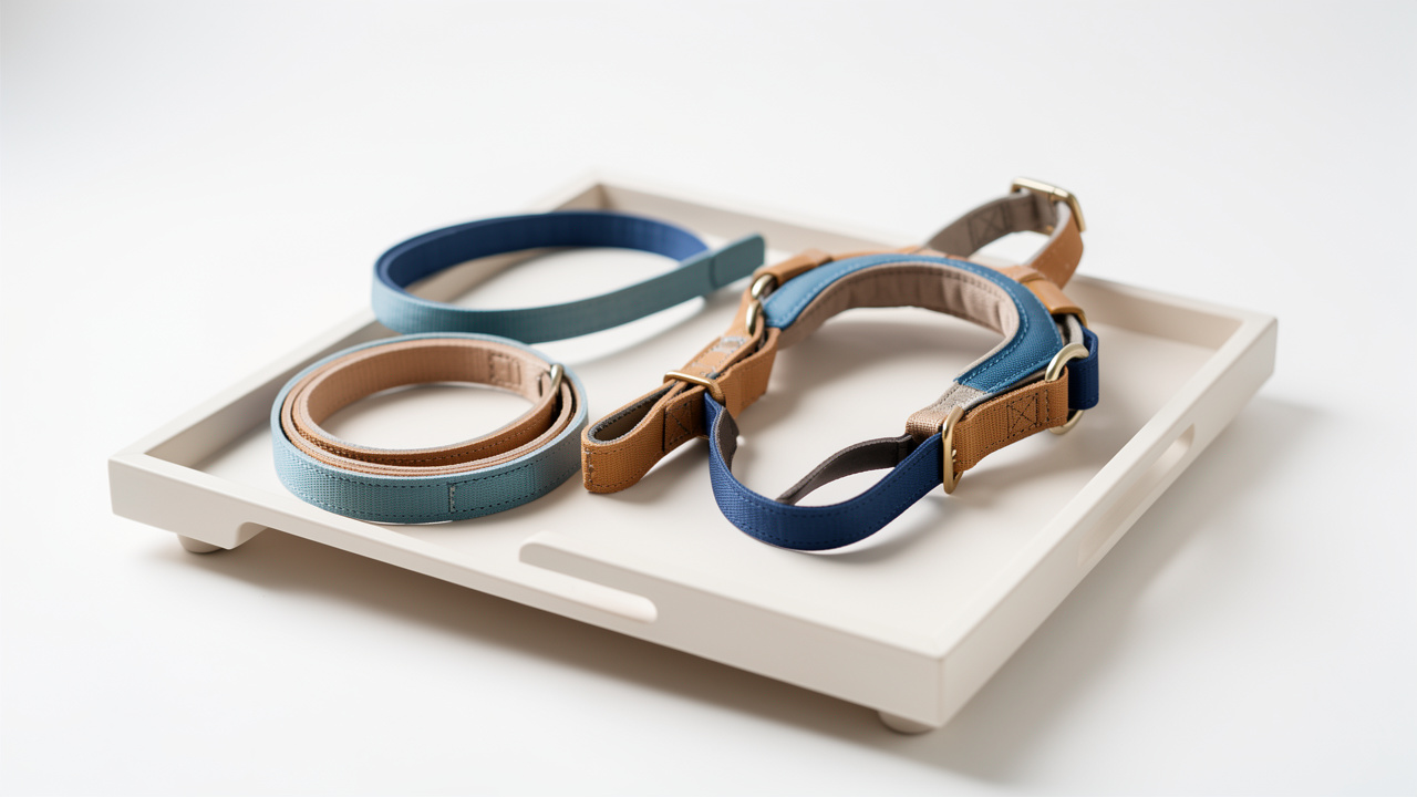 Sélection élégante d’accessoires pour chien assortis, disposés avec soin dans un studio lumineux au style e-commerce premium.