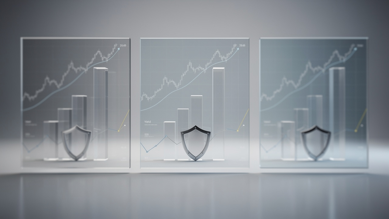 Tableau de comparaison réaliste de produits financiers avec barrières de protection, indicateurs de rendement et courbes abstraites d’indices boursiers.