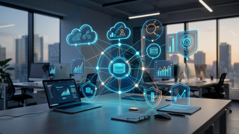 Espace de travail moderne illustrant les compétences numériques et la croissance d’une entreprise grâce à des connexions lumineuses, des outils technologiques et des symboles de collaboration.