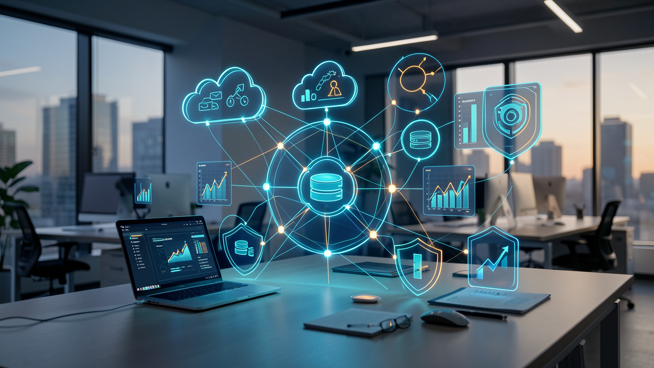 Espace de travail moderne illustrant les compétences numériques et la croissance d’une entreprise grâce à des connexions lumineuses, des outils technologiques et des symboles de collaboration.
