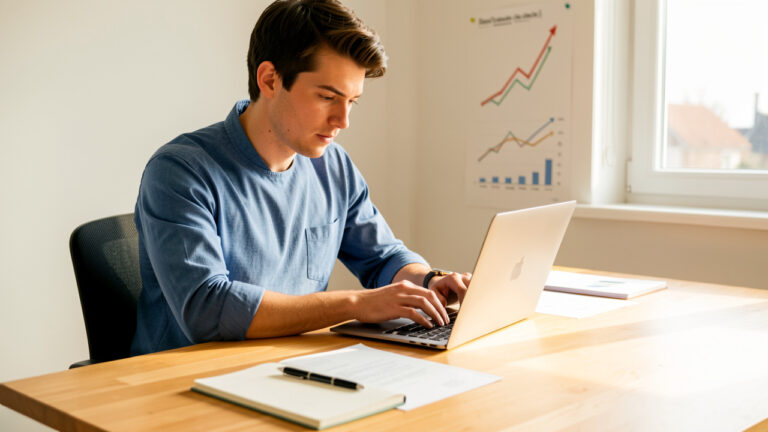 Un jeune entrepreneur travaille sur un plan d’entreprise devant un ordinateur portable, avec des graphiques abstraits et un carnet vierge posés sur un bureau lumineux.