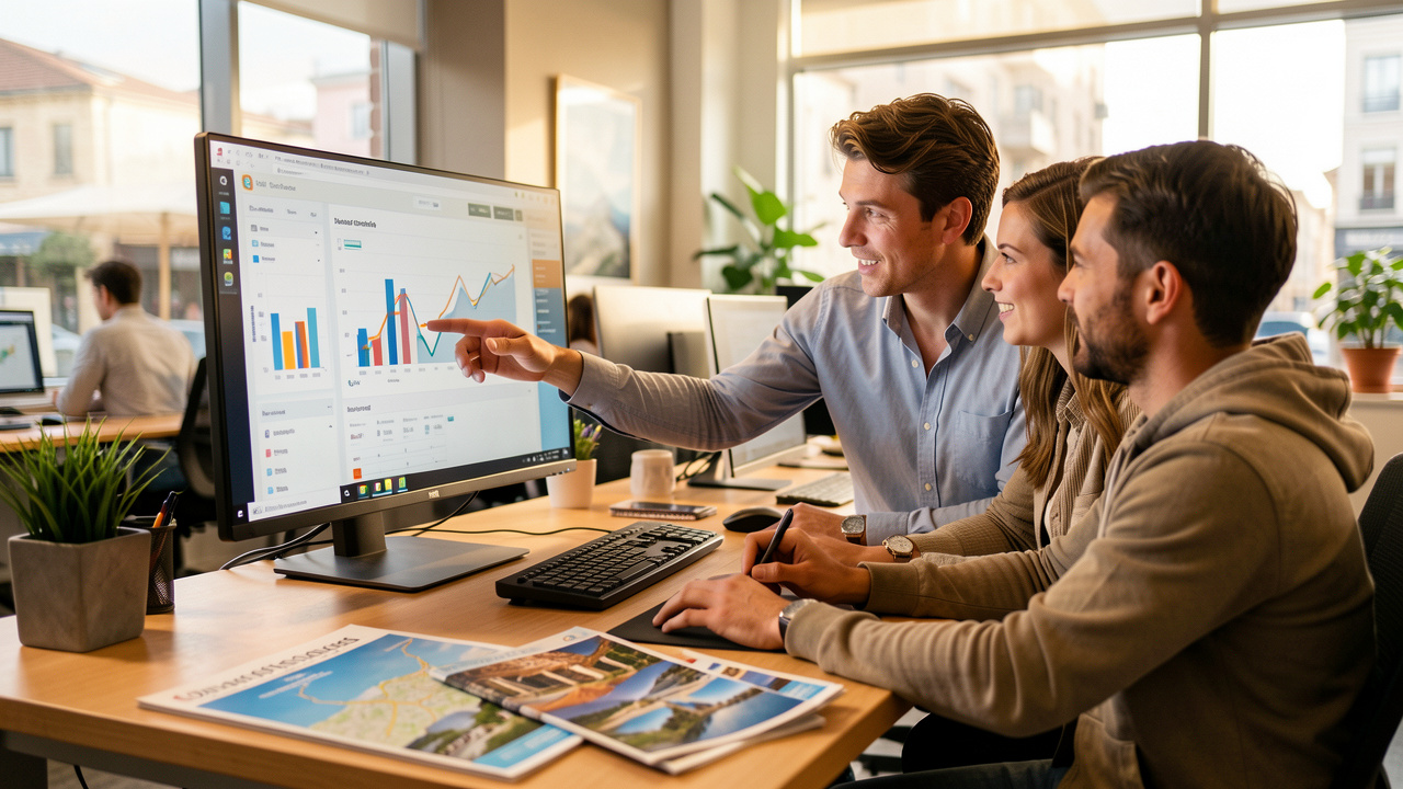 Une équipe marketing tourisme analyse un parcours client sur un ordinateur dans une agence moderne.