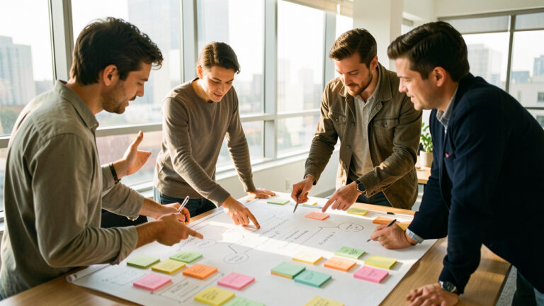 Une équipe de startup se réunit autour d’un grand tableau de stratégie dans un bureau moderne et lumineux, avec une lumière naturelle et une ambiance collaborative.