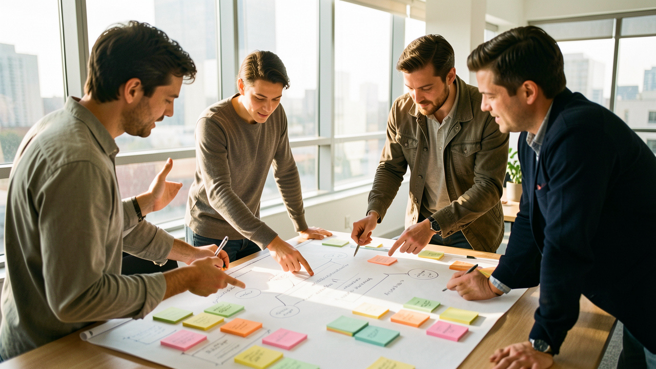 Une équipe de startup se réunit autour d’un grand tableau de stratégie dans un bureau moderne et lumineux, avec une lumière naturelle et une ambiance collaborative.