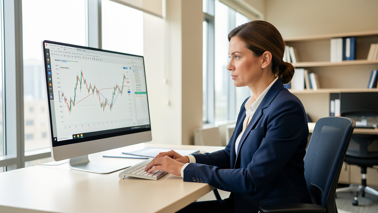 Une dirigeante en tenue professionnelle analyse des graphiques financiers abstraits sur un ordinateur dans un bureau lumineux et moderne.