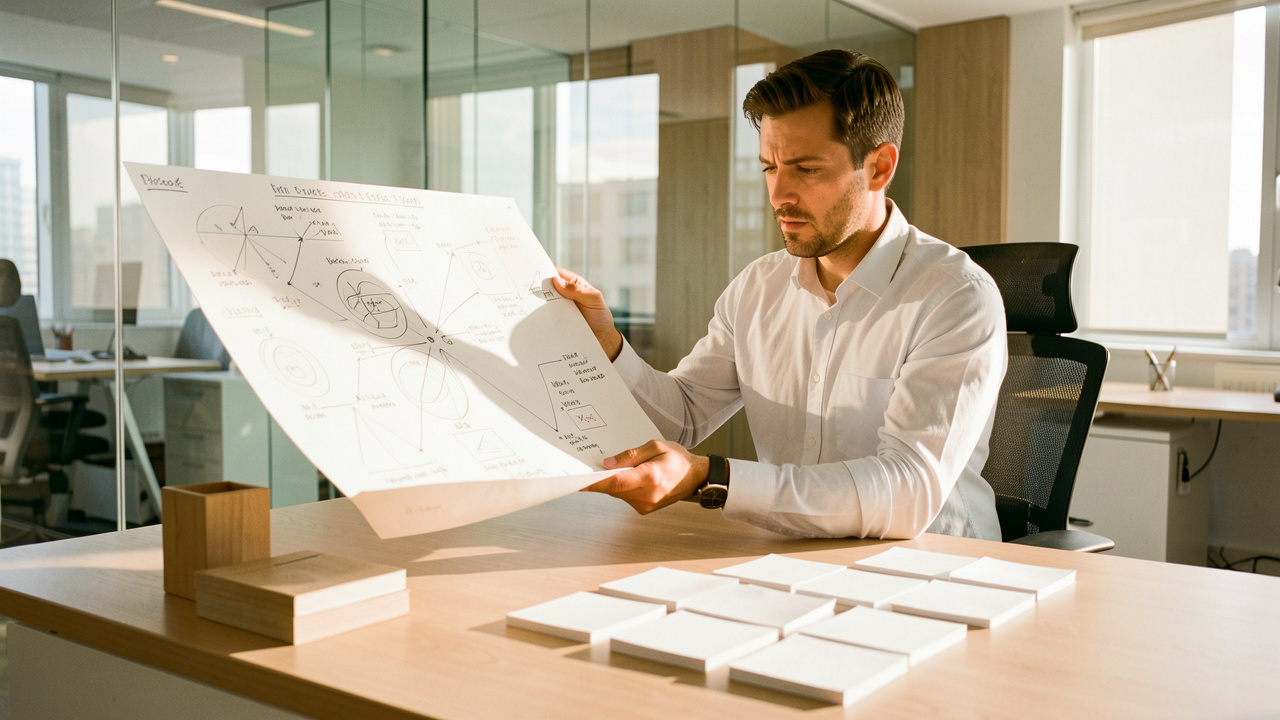 Un entrepreneur observe attentivement un tableau de stratégie composé de diagrammes abstraits et de notes non lisibles dans un bureau moderne baigné de lumière naturelle.
