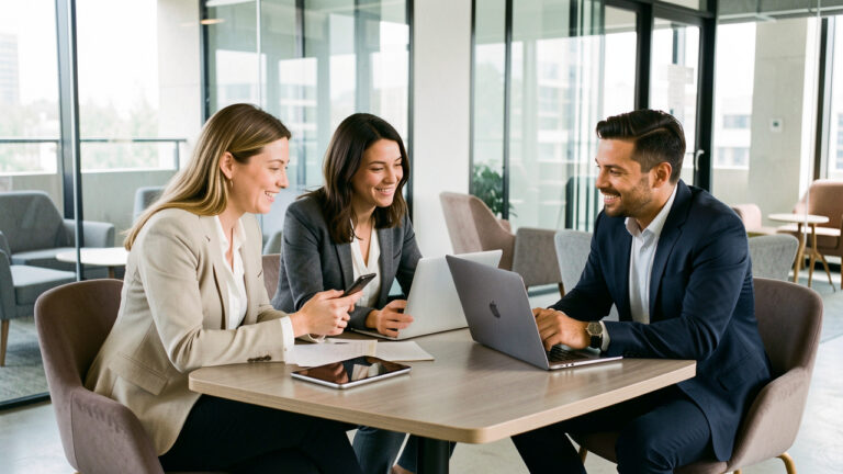 Une équipe commerciale composée de deux femmes et d’un homme collabore dans un espace professionnel moderne avec un smartphone, un ordinateur portable et une tablette.