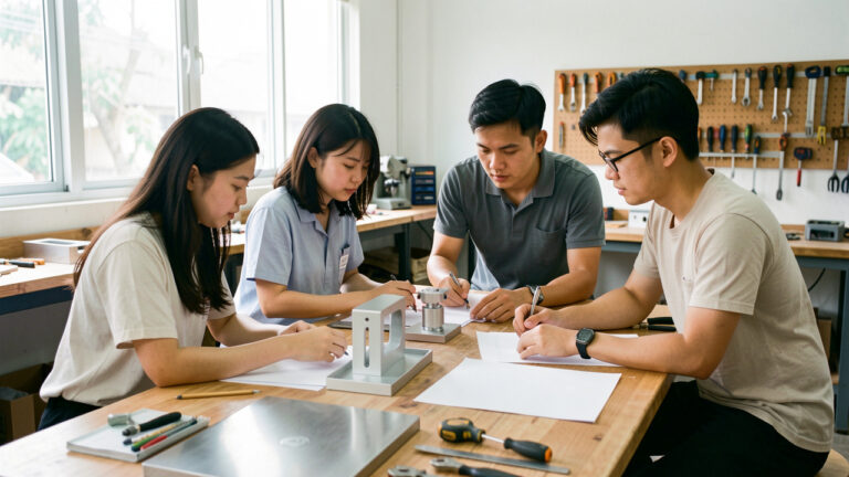 Jeune équipe vietnamienne examinant des prototypes et des feuilles vierges dans un atelier moderne.