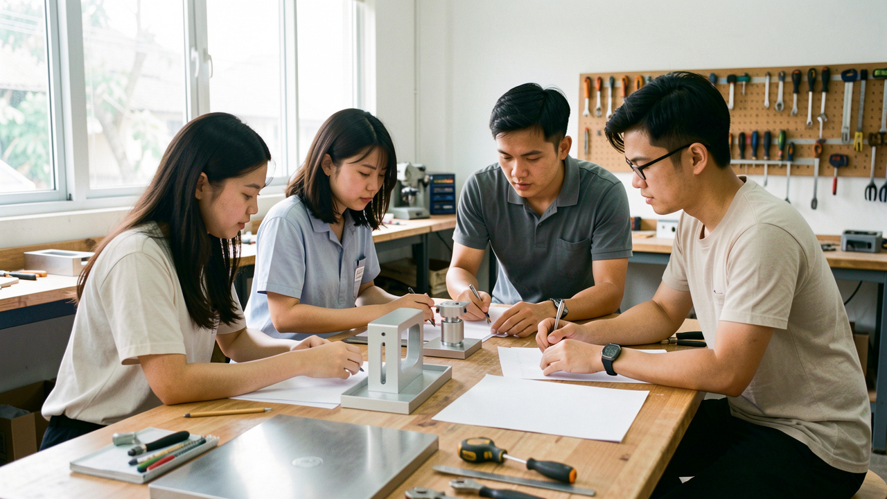 Jeune équipe vietnamienne examinant des prototypes et des feuilles vierges dans un atelier moderne.