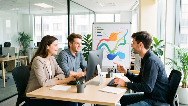 Jeune équipe entrepreneuriale composée de deux femmes et deux hommes travaillant autour d’un ordinateur dans un bureau moderne et lumineux, avec un tableau de stratégie digitale et des graphiques colorés sans texte.