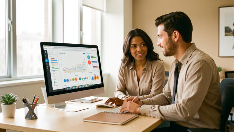 Équipe marketing composée de deux femmes et d’un homme analysant un tableau de bord SEO sur un ordinateur dans un bureau lumineux.