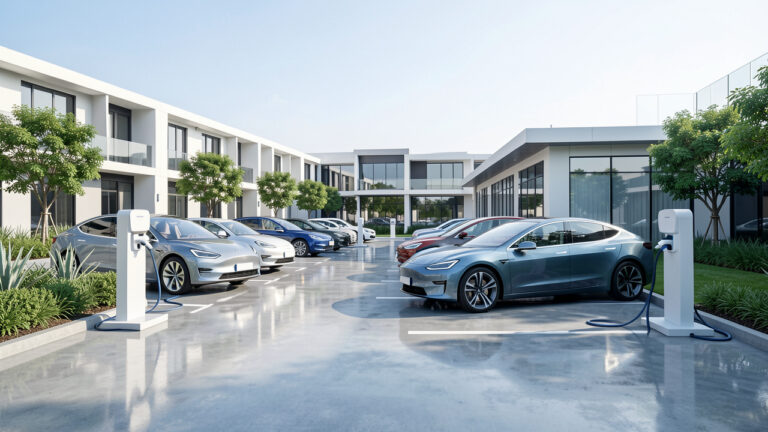 Parking d’entreprise moderne avec plusieurs voitures électriques branchées à des bornes de recharge, dans une ambiance lumineuse et professionnelle.