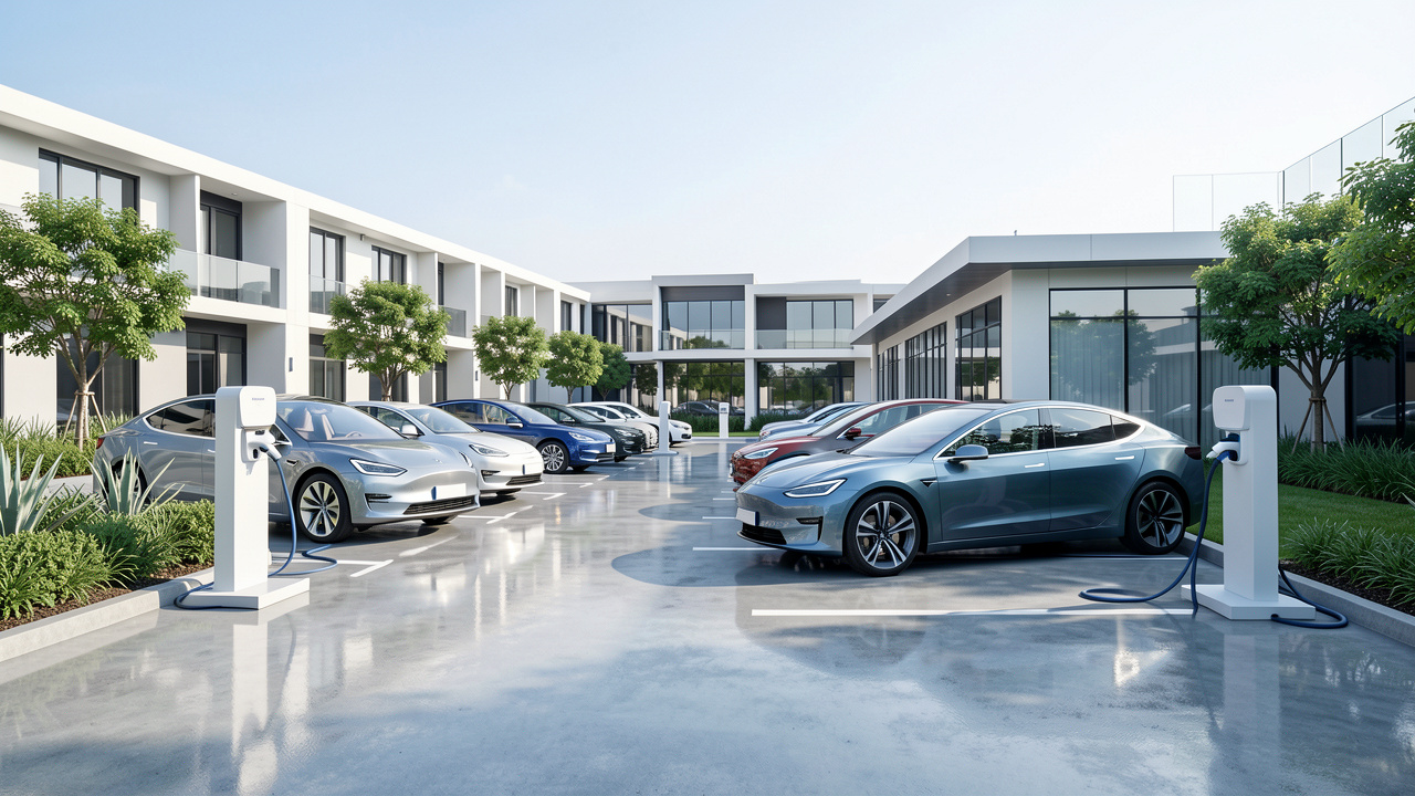 Parking d’entreprise moderne avec plusieurs voitures électriques branchées à des bornes de recharge, dans une ambiance lumineuse et professionnelle.