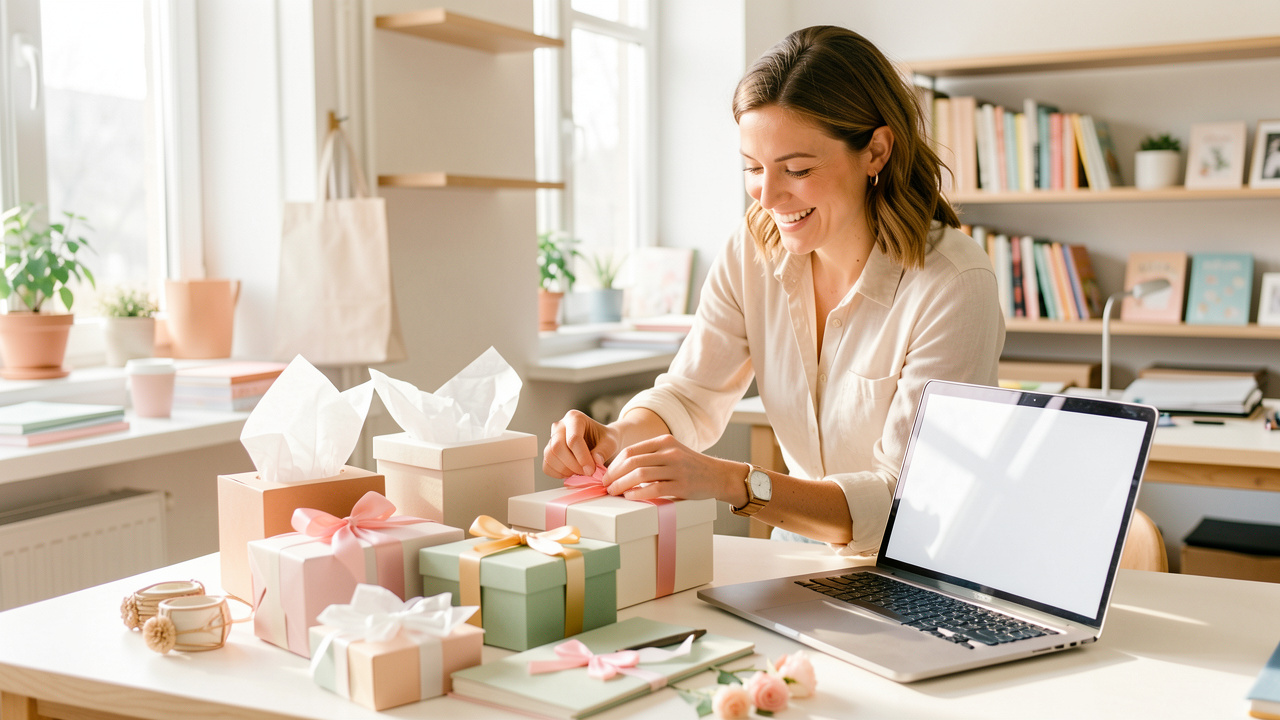 Une entrepreneuse prépare soigneusement des cadeaux personnalisés dans un atelier e-commerce lumineux, entourée de boîtes élégantes, de rubans et d’un ordinateur portable.