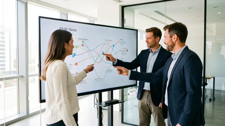 Deux femmes et deux hommes analysent ensemble une visualisation abstraite du parcours client sur un grand écran, dans un bureau moderne et lumineux.