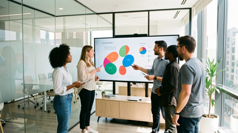 Équipe diversifiée réunie autour d’écrans collaboratifs dans un bureau moderne, lumineux et aménagé avec du mobilier clair.