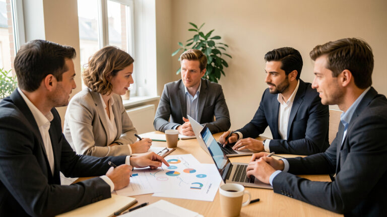 Réunion professionnelle dans une entreprise française, avec une femme et trois hommes échangeant autour d’une stratégie de communication sur les réseaux sociaux.