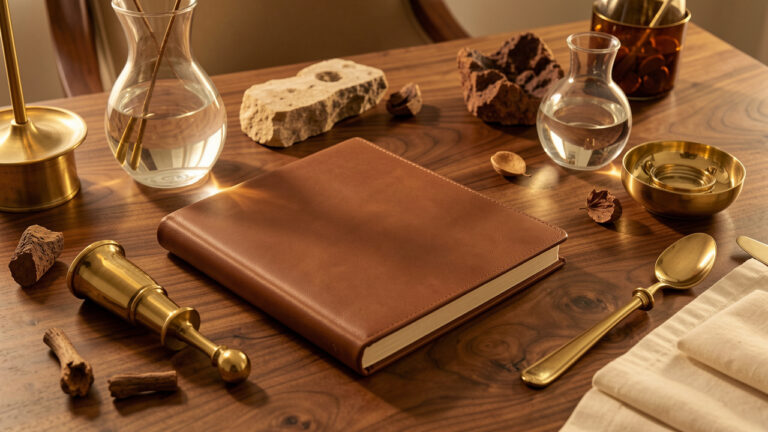 Table élégante présentant un carnet vierge en cuir, des accessoires raffinés et des matières nobles baignés dans une lumière dorée.