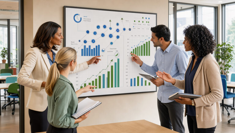 Une dirigeante et une petite équipe organisent la croissance autour d’un tableau de bord visuel dans un bureau moderne et lumineux.