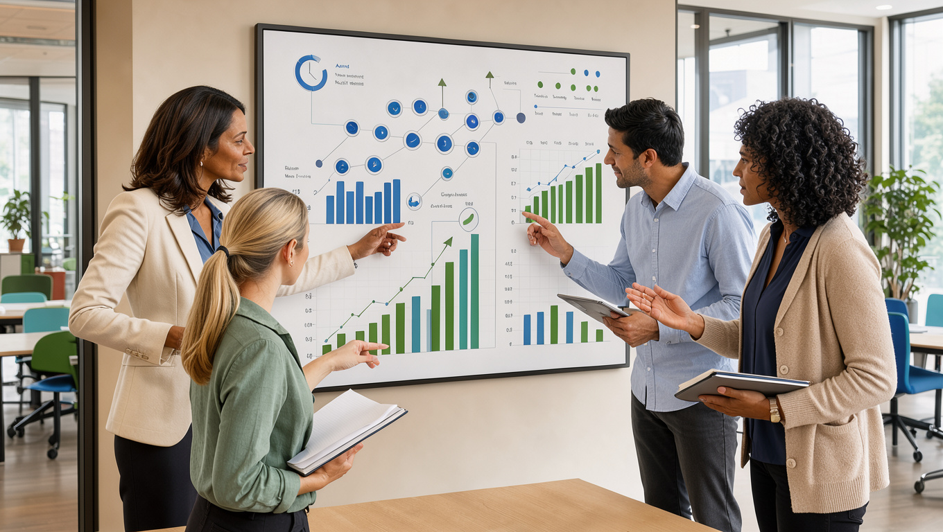 Une dirigeante et une petite équipe organisent la croissance autour d’un tableau de bord visuel dans un bureau moderne et lumineux.