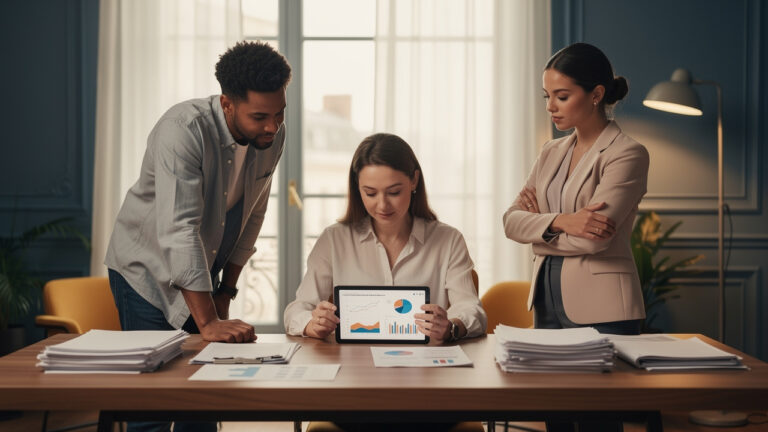 Illustration éditoriale d’une dirigeante de petite entreprise consultant un tableau de bord financier abstrait avec une petite équipe dans un bureau français lumineux.