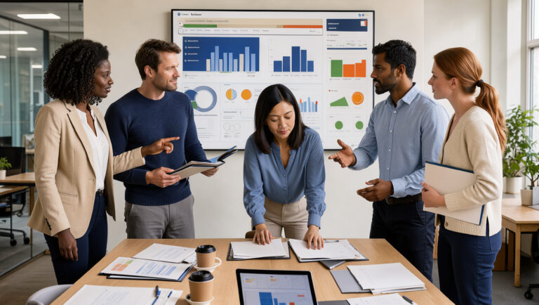 Équipe marketing B2B composée de trois femmes et deux hommes réunie autour d’un tableau de bord CRM abstrait et de dossiers clients dans un bureau contemporain français.