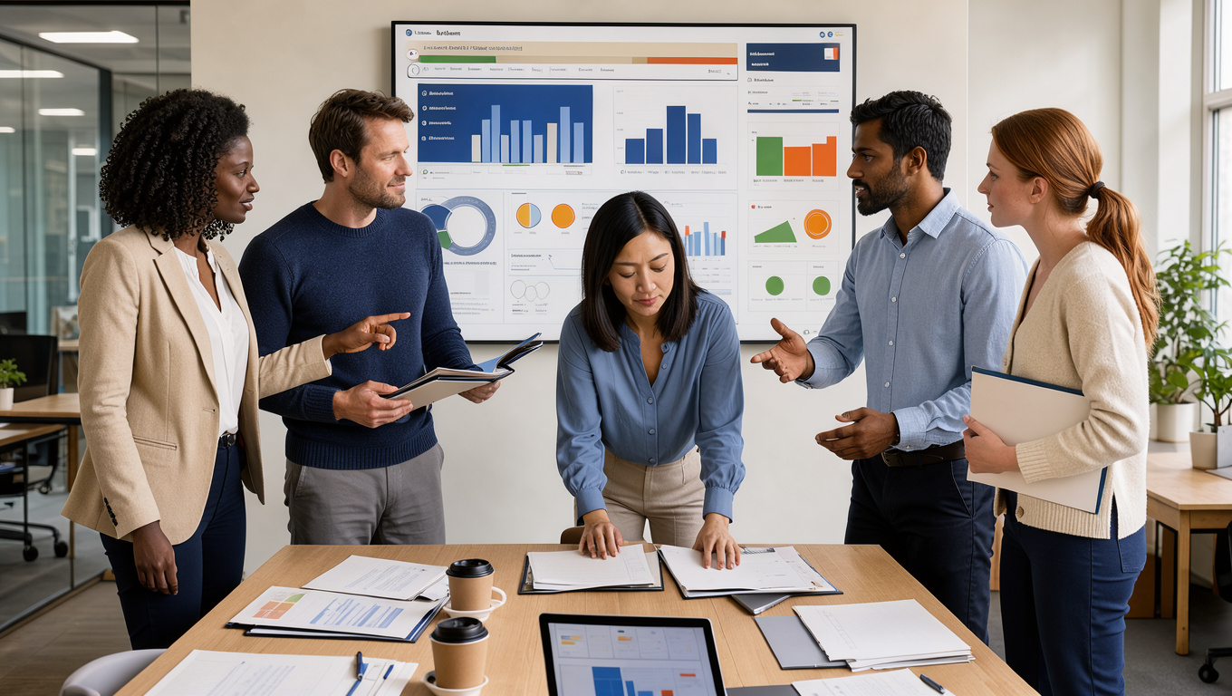 Équipe marketing B2B composée de trois femmes et deux hommes réunie autour d’un tableau de bord CRM abstrait et de dossiers clients dans un bureau contemporain français.