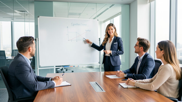 Une professionnelle présente un plan stratégique devant un tableau blanc, tandis qu’une équipe attentive participe à une réunion dans un bureau moderne et lumineux.